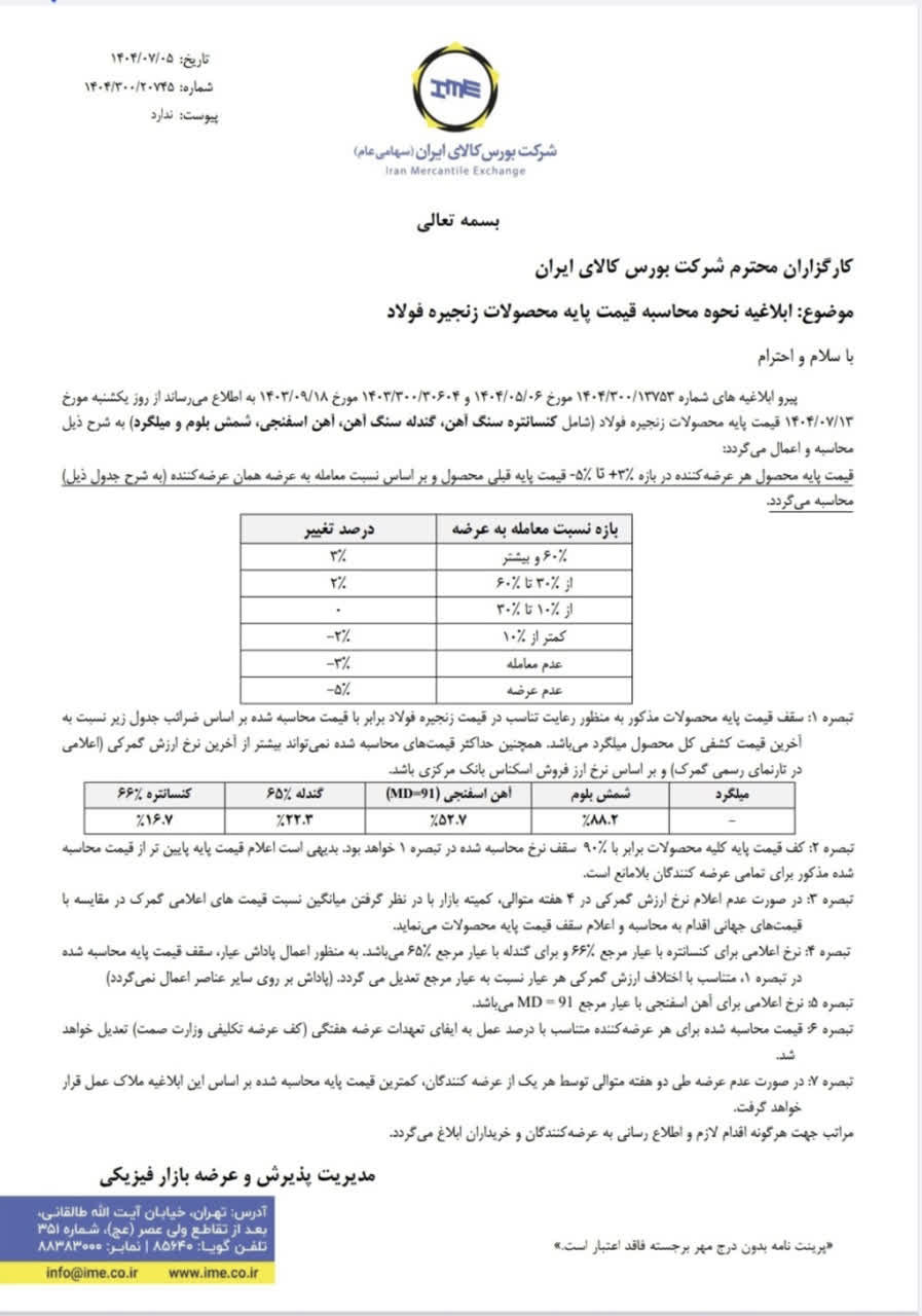 بخش نامه قیمت گذاری زنجیره فولاد